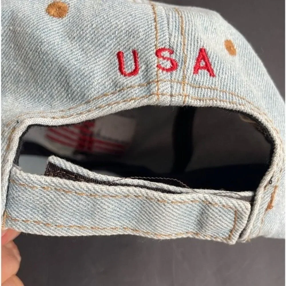 David and Young Baseball hat in distressed denim USA American flag patch…